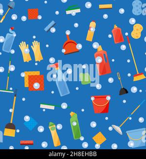 Assorted cleaning items set with brooms, bucket, mops, spray, brushes, sponges. Seamless pattern Eps 10 Stock Vector