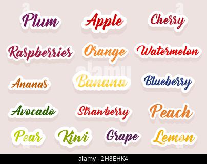 Set of cute vector stickers fruit icons. Flat style. EPS 10 Stock Vector