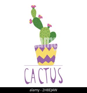 Hand drawn cactus in a colourful ceramic pot, doodle style, isolated on a white background. Stock Vector