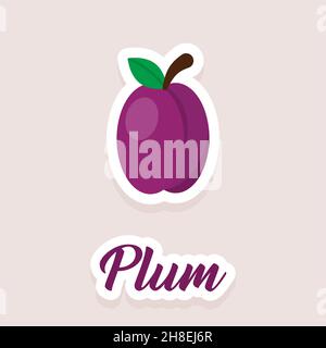 Cute vector stickers fruit plum icons. Flat style. EPS 10 Stock Vector