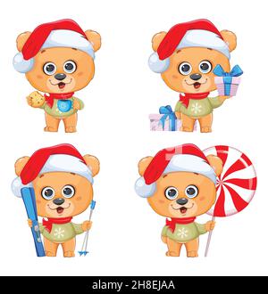 Merry Christmas. Funny bear in Santa hat, set of four illustrations. Cute little bear cartoon character. Stock vector illustration Stock Vector