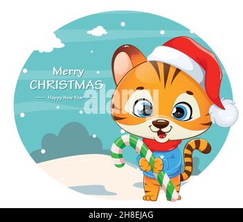 Merry Christmas greeting card. Cute tiger cub in Santa hat holding big candy cane. Baby tiger cartoon character. Stock vector illustration Stock Vector