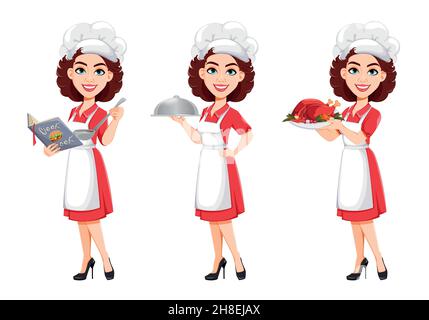 Chef woman, set of three poses. Cook lady in professional uniform. Cute cartoon character. Stock vector illustration. Stock Vector