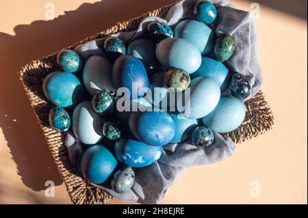 Homemade naturally dyed eggs in blue colors Stock Photo