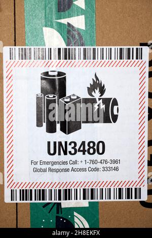 UN 3480 lithium-ion battery shipping warning label. For Lithium fire ...