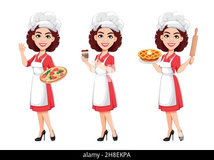 Chef woman, set of three poses. Cook lady in professional uniform. Cute cartoon character. Stock vector illustration on white background Stock Vector