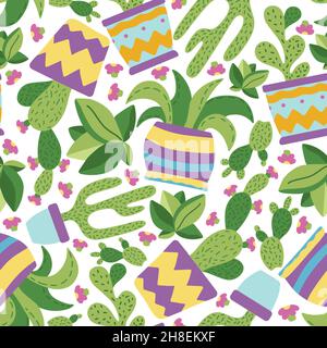Seamless pattern with succulents and cactus in colourful pots, pattern in doodle hand drawn style. Stock Vector