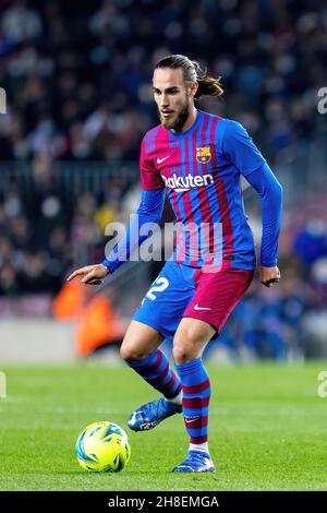 BARCELONA - NOV 20: Oscar Mingueza in action during the La Liga match between FC Barcelona and RCD Espanyol at the Camp Nou Stadium on November 20, 20 Stock Photo