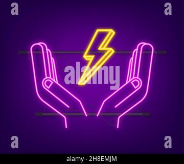 Lightning neon bolt in hands. Thunder bolt, lighting strike expertise. Vector illustration Stock Vector