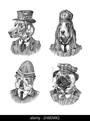 Bloodhound and German Shorthaired Pointer. Pug dog smokes a cigar. English Bulldog in police suit. Fashion Animal character in clothes. Hand drawn Stock Vector