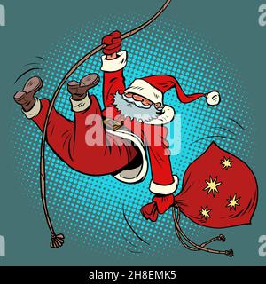 Santa Claus descends on a rope with gifts. Christmas and New Year winter holidays Stock Vector