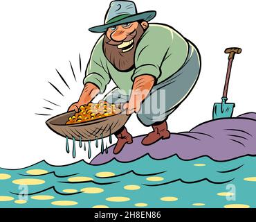 A prospector is washing gold in the river. Luck wealth Stock Vector