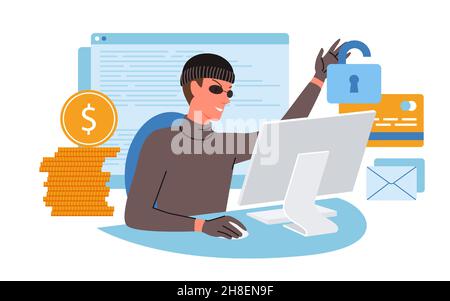 Thief hacking, cyber theft and online fraud, hacker using computer, stealing money Stock Vector