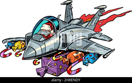 Santa Claus is flying on a stormtrooper plane with gifts instead of bombs. Christmas and New Year winter holidays Stock Vector