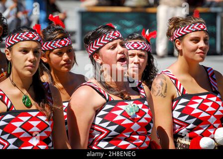 Female Maori singing and dance group, Cathedral Square, Christchurch, Canterbury, South Island, New Zealand Stock Photo