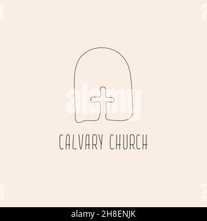 Hand drawn sketch one line christian cross minimalistic logo design. church logo. Stock Vector