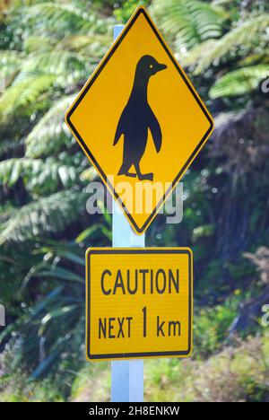 Penguin road sign, Paparoa National Park, West Coast, South Island, New Zealand Stock Photo