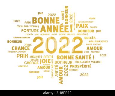 Greeting words around New Year date 2022, colored in gold, in French language, isolated on white. Word cloud wishes. Stock Vector