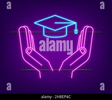 Graduation cap with tassel in hands, neon mortar board. Vector stock illustration Stock Vector