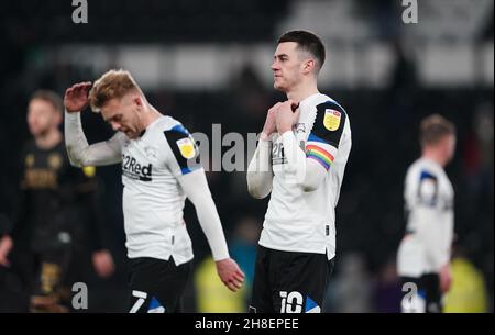 Derby County's Tom Lawrence reacts the fans at full time after the Sky Bet Championship match at Pride Park Stadium, Derby. Picture date: Monday November 29, 2021. Stock Photo