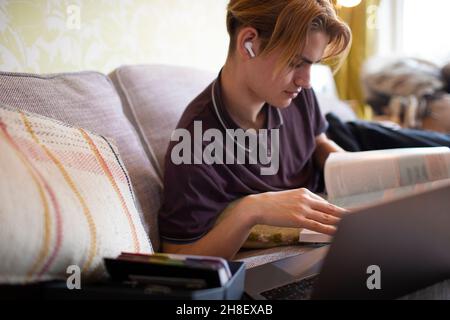 Teenage boy with textbook and laptop studying at home Stock Photo