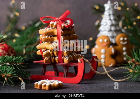 Christmas, winter, new year composition. Homemade gingerbread cookies in the form of snowflakes and fabulous gingerbread men Stock Photo