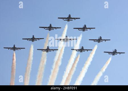 KECSKEMET, HUNGARY - Aug 22, 2013: Italian military aerobatic team Frecce Triccolori performing a spectacular display at an airshow in Hungary Stock Photo