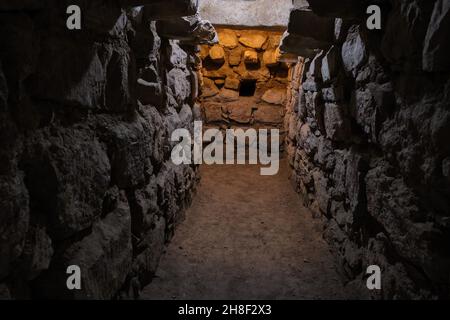 Chavin de Huantar temple complex, Ancash province, Peru. In the photograph the interior passageway of the temple that leads to the monolithic sandeel, Stock Photo