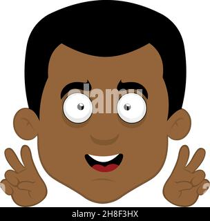 Vector illustration of the face of a cartoon African man making a gesture of love and peace or v victory with his hands Stock Vector