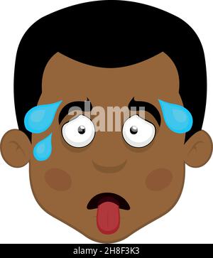Vector illustration of the face of an exhausted cartoon man with his tongue hanging out and drops of perspiration Stock Vector