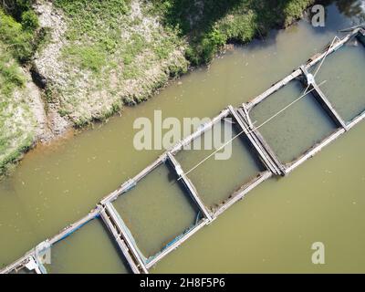 Top view farm freshwater, Aerial view of the farm fish agricultural on the water surface river, tilapia farm Stock Photo