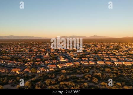 Upper middle class neighborhood in Arizona, drone shot.  Stock Photo