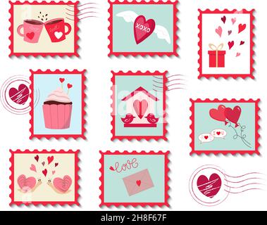 Set of postage stamps for valentines day. Vector illustration. Stock Vector