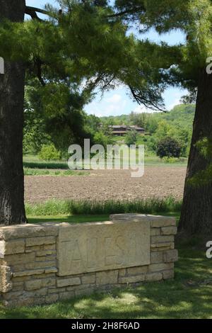 Taliesin estate sign. Frank Lloyd Wright Foundation. Taliesin Preservation LLC. Spring Green, Wisconsin, USA. Stock Photo