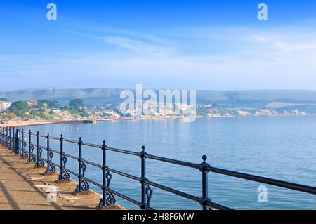 A view of Swanage Bay and town from the promenade on a sunny morning in late summer, Isle of Purbeck, Dorset, England, UK Stock Photo