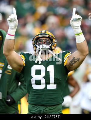 Green Bay, Wisconsin, USA. 12th Dec, 2021. Green Bay Packers tight end Josiah  Deguara #81 catches the ball over Chicago Bears free safety Eddie Jackson  #4 during NFL football game between the