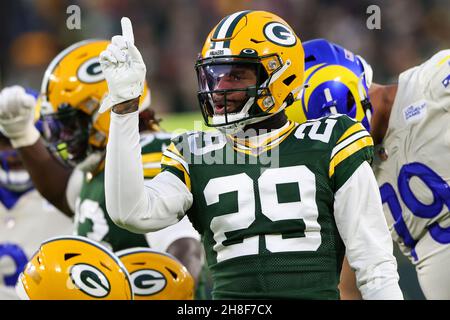 Green Bay, Wisconsin. November 14, 2021: Green Bay Packers cornerback Rasul  Douglas (29) celebrates his tackle during the NFL football game between the  Seattle Seahawks and the Green Bay Packers at Lambeau