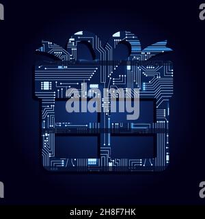 Gift symbol with electronic circuit. Blue and gradient background. Online shopping, smart and technological. Stock Vector