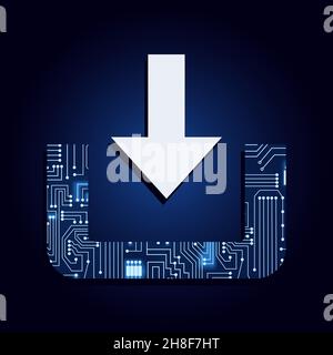 Download icon with electronic circuit. Blue and gradient background. Downward pointing arrow representing data download. Stock Vector
