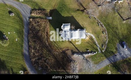 JAMAICA VT, UNITED STATES - Nov 20, 2021: Aerial View of a Replica of the Virgin Mary's House of Ephesus. The house is exactly the same size as the or Stock Photo