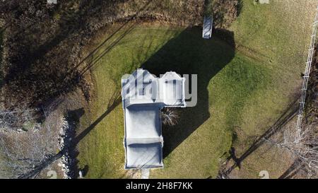 JAMAICA VT, UNITED STATES - Nov 20, 2021: Aerial View of a Replica of the Virgin Mary's House of Ephesus. The house is exactly the same size as the or Stock Photo