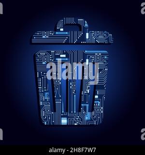 Trash can with electronic circuit. Blue and gradient background. Symbol of technological and modern waste management. Stock Vector