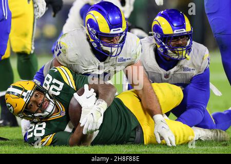 November 14, 2021: Green Bay Packers running back A.J. Dillon (28) is all  smiles after the NFL football game between the Seattle Seahawks and the  Green Bay Packers at Lambeau Field in