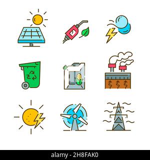 Sustainable energy. Green eco friendly alternative sources. Solar, wind, hydrothermal and other. Pixel perfect, editable stroke Stock Vector