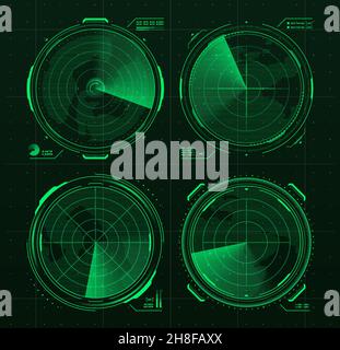 HUD military radar or sonar display screen interface of submarine, ship and airplane navigation. Futuristic vector digital monitors with grid map and Stock Vector