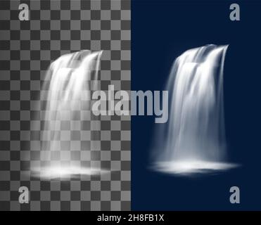 Waterfall cascade, vector pure multiple falling jets. Realistic water fall stream, park fountain or natural cascading 3d element. Falling waterfall, i Stock Vector