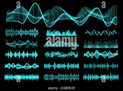 HUD sound waves, audio equalizer and voice control frequency flow elements set. Radio signal, music waveform and soundwave spectrum, sound volume, vib Stock Vector