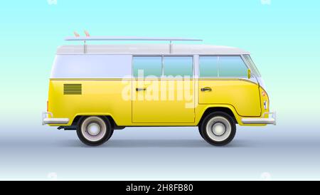 Old style camper van with surfboard. Stock Vector
