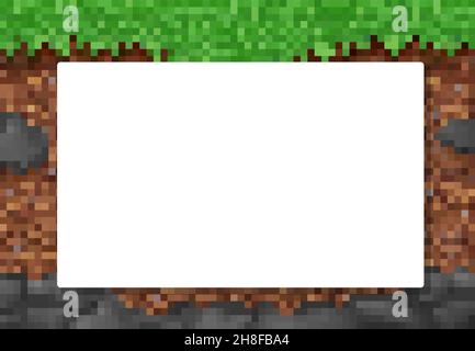 Pixel game pattern background with blank copyspace, vector cubic pixel grass and ground blocks. 8bit pixel landscape or underground with green forest Stock Vector