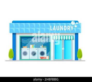 Laundry service building, laundromat or washing shop vector icon. Clothes cleaning room and laundry washing store with washers and dryer machines, bus Stock Vector
